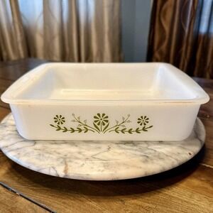 Vintage Glasbake 8" Square Milk Glass Green Daisy Casserole Baking Dish J2428